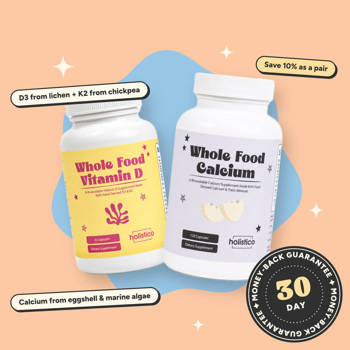 Whole Food Vitamin D and Whole Food Calcium bottles on a peach background with a 30-day money-back guarantee badge: D3 from lichen + K2 from chickpea, calcium from eggshell and marine algae, save 10% as a pair