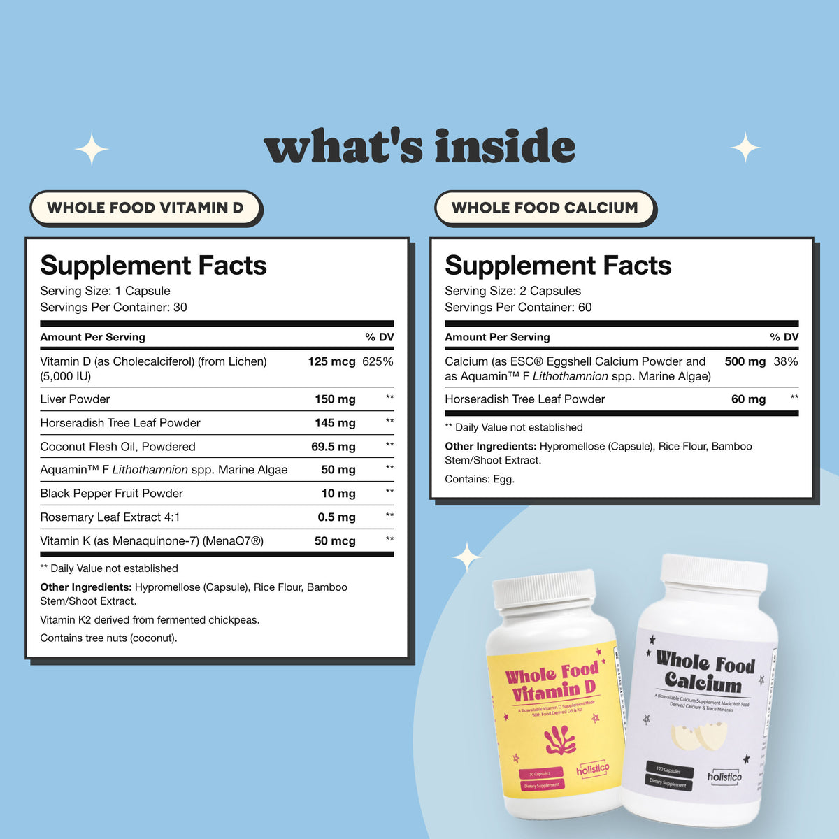 Supplement Facts panels for Whole Food Vitamin D and Whole Food Calcium side by side, with both bottles