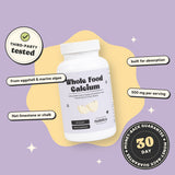 Whole Food Calcium bottle on a lilac background with third-party tested and 30-day money-back guarantee badges: from eggshell and marine algae, 500 mg per serving, not limestone or chalk, built for absorption