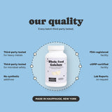 Our quality: every batch third-party tested. Third-party tested for heavy metals and for microbial safety, no synthetic additives, FDA-registered facility, cGMP-certified facility, lab reports on request, made in Hauppauge, New York