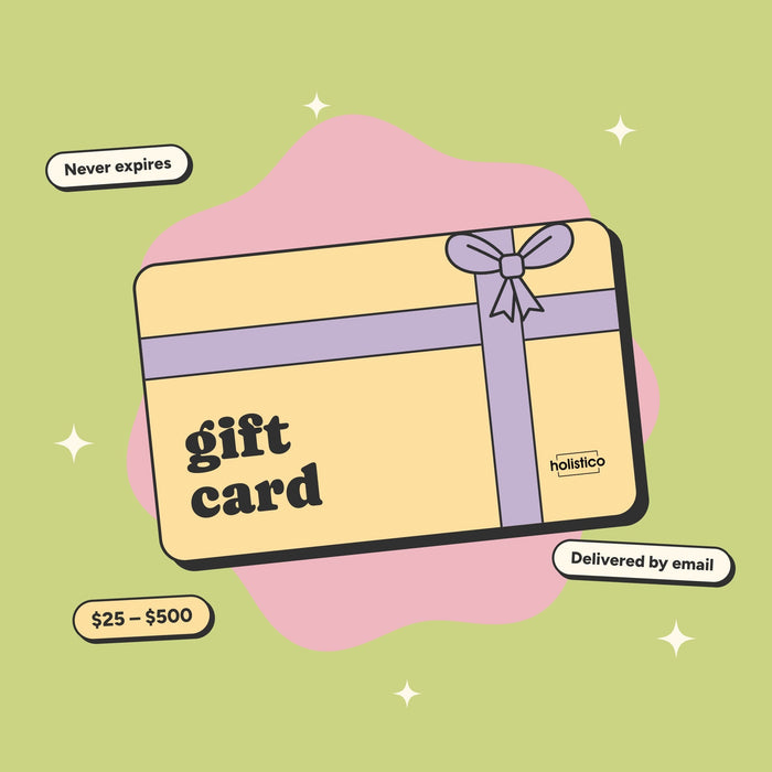 Holistico gift card with a lilac ribbon and bow: never expires, delivered by email, $25 to $500