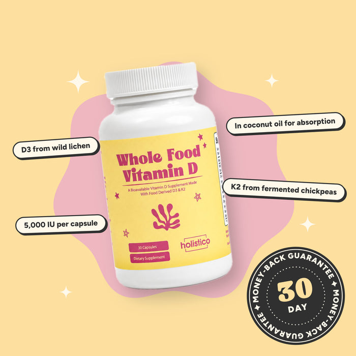 Whole Food Vitamin D bottle on a butter-yellow background with a 30-day money-back guarantee badge: D3 from wild lichen, K2 from fermented chickpeas, 5,000 IU per capsule, in coconut oil for absorption