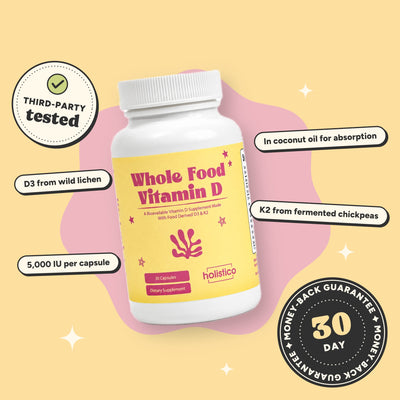 Whole Food Vitamin D bottle on a butter-yellow background with third-party tested and 30-day money-back guarantee badges: D3 from wild lichen, K2 from fermented chickpeas, 5,000 IU per capsule, in coconut oil for absorption