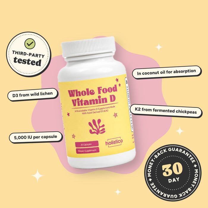 Whole Food Vitamin D bottle on a butter-yellow background with third-party tested and 30-day money-back guarantee badges: D3 from wild lichen, K2 from fermented chickpeas, 5,000 IU per capsule, in coconut oil for absorption