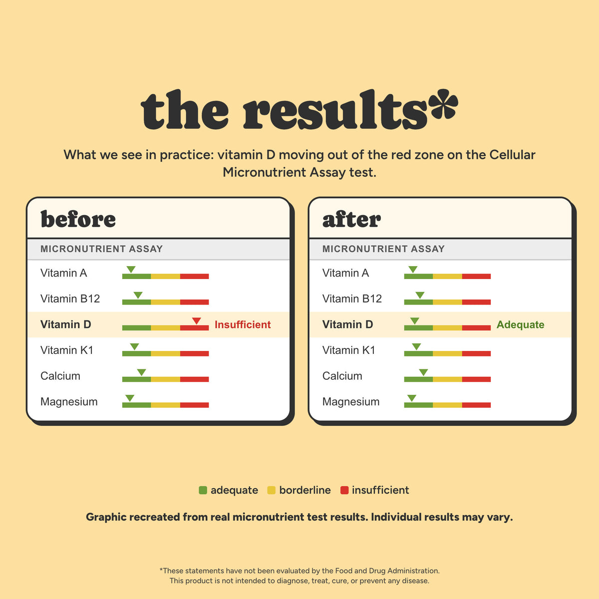 The results: before and after micronutrient assay graphic recreated from real test results, with vitamin D moving from insufficient to adequate. Individual results may vary
